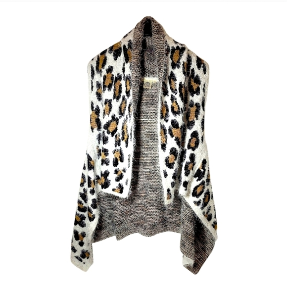 None Sweaters - Fuzzy Soft High Low Leapord Print Open Front Shawl Vest Cardigan Size OS